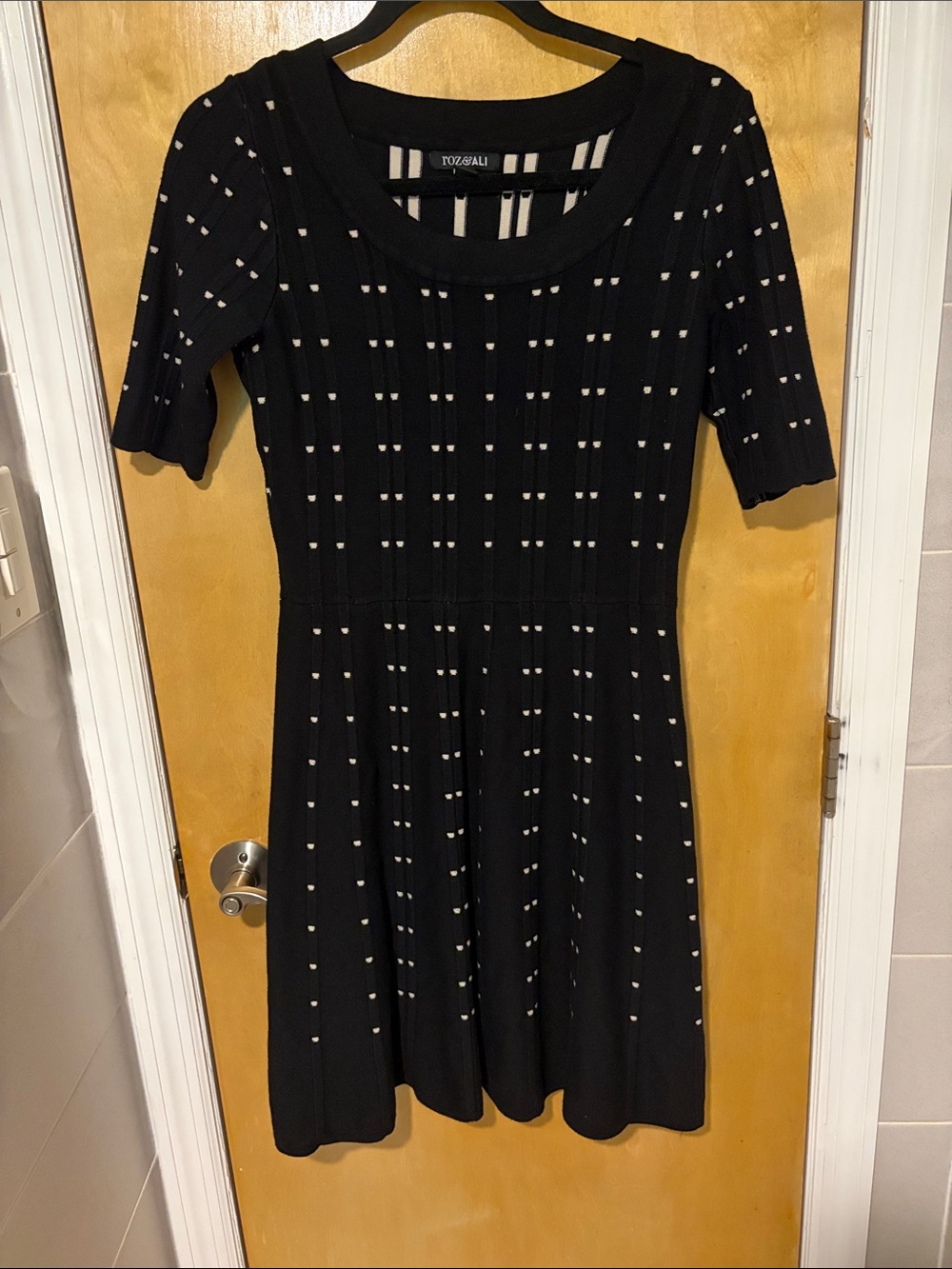 Roz & Ali Black Knit Midi Dress with Cream Dot Accent
